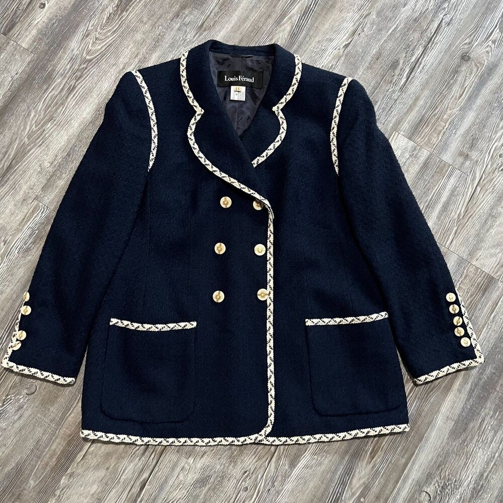 Louis Feraud Women’s Wool Blend Blazer Jacket Navy Gold Button Trim Size 44 US14
